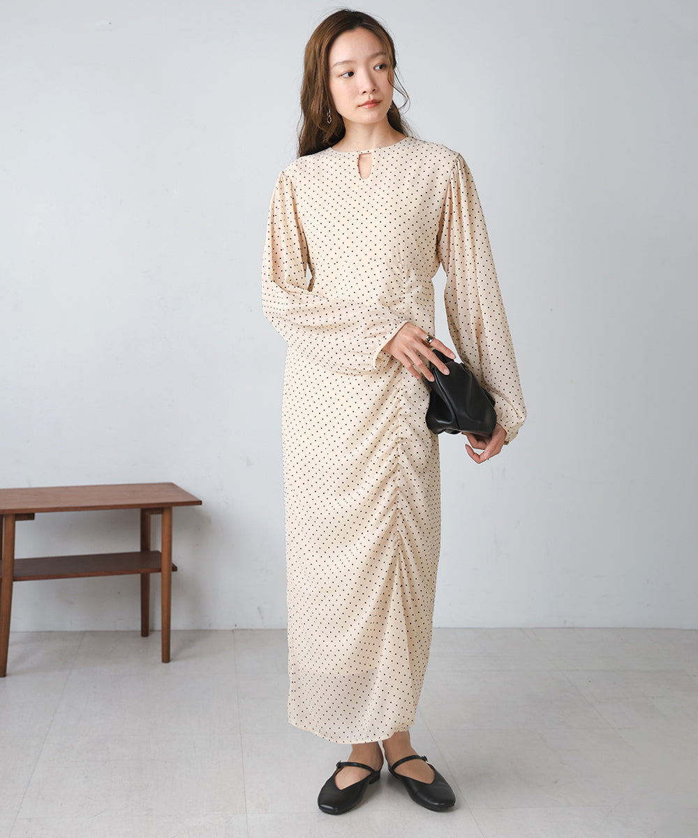 SHEER DOT GATHERED SLIT ONEPIECE