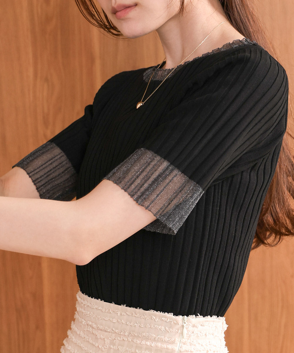 シアー使い5分袖リブニットトップス