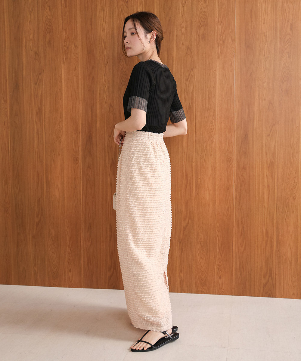 シアー使い5分袖リブニットトップス