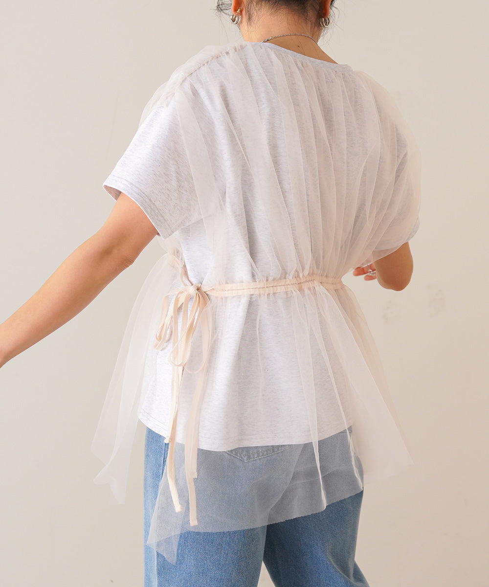 チュールドッキングギャザーカットソー