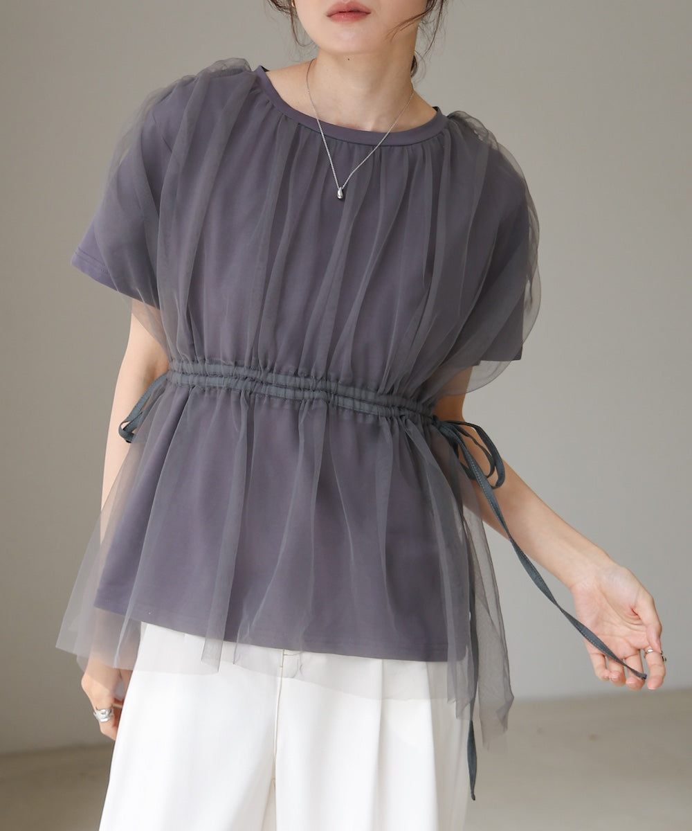 チュールドッキングギャザーカットソー