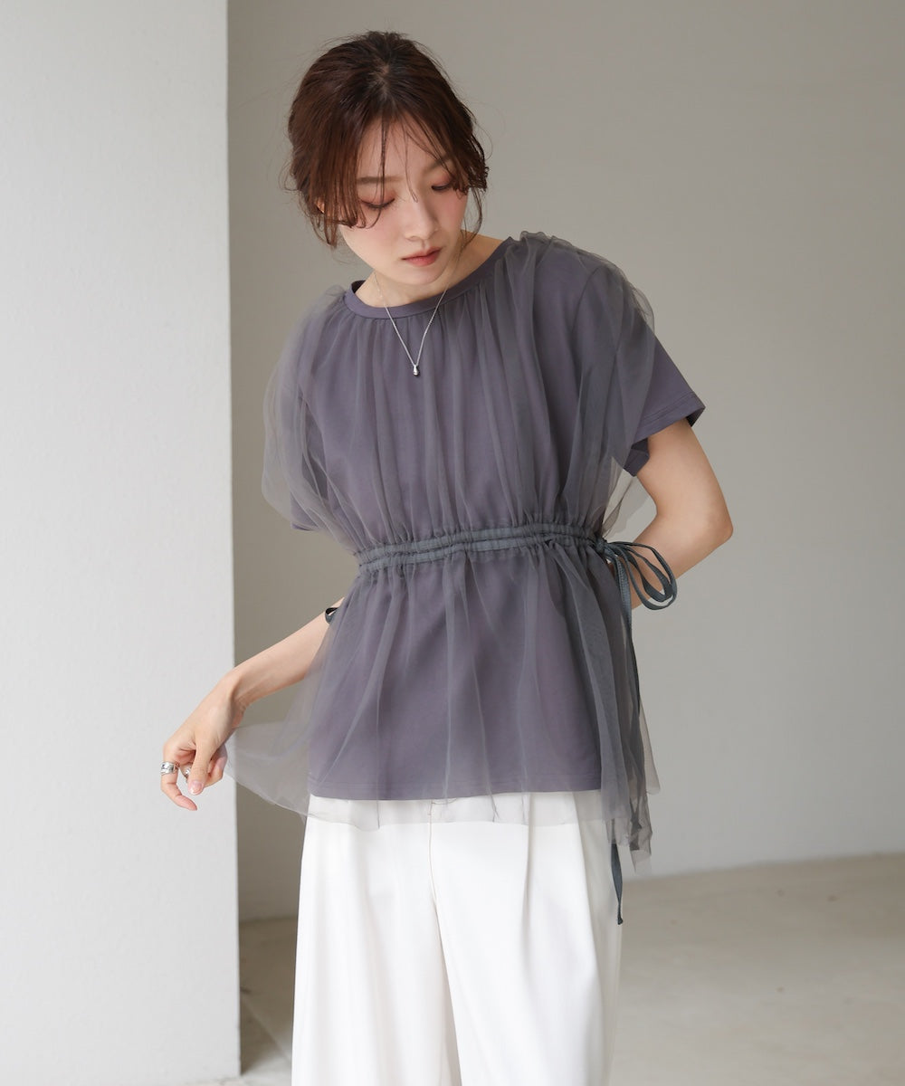 チュールドッキングギャザーカットソー