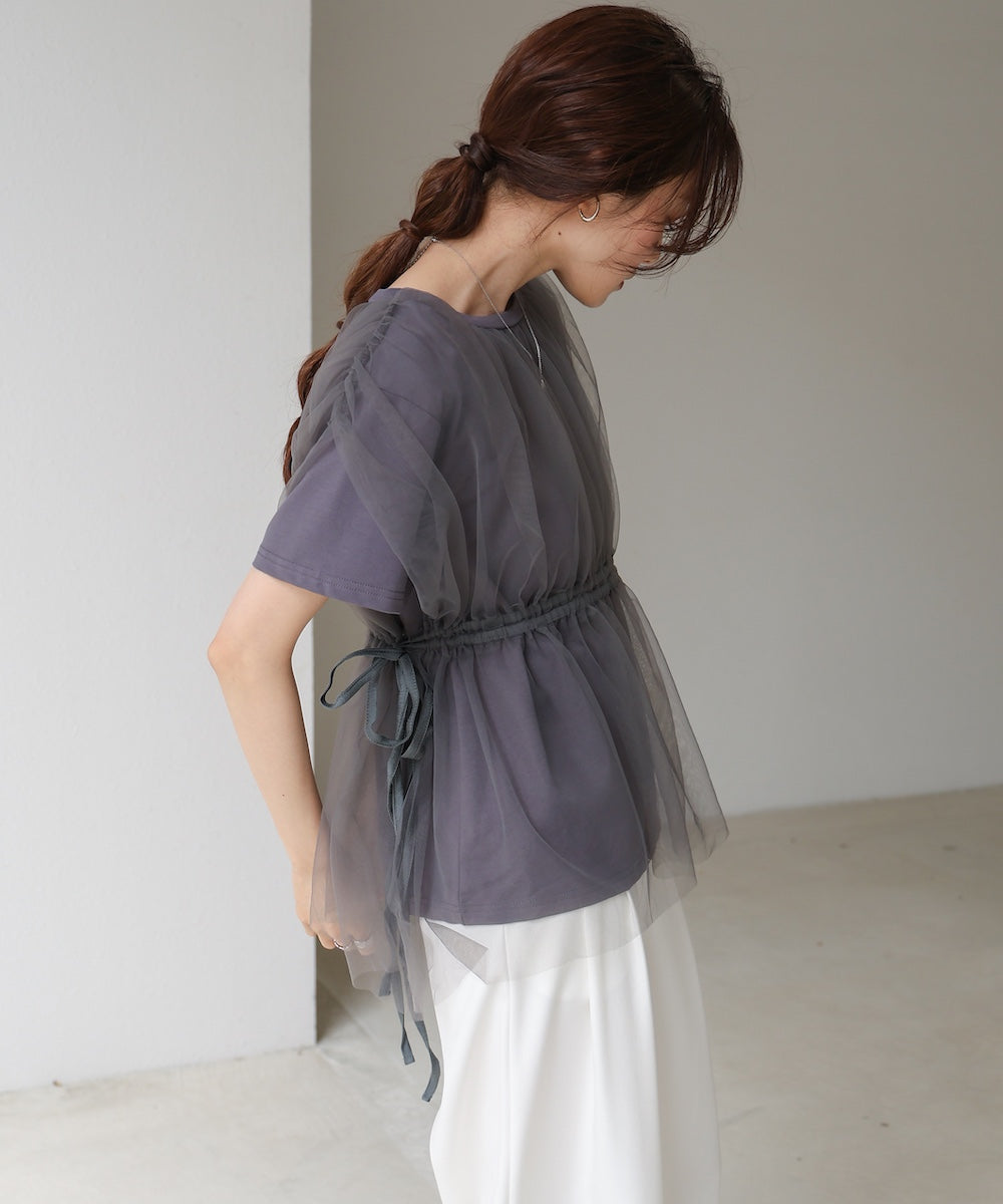 チュールドッキングギャザーカットソー
