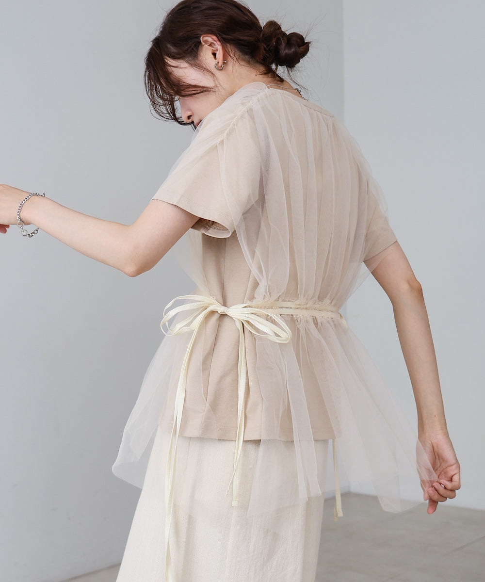 チュールドッキングギャザーカットソー