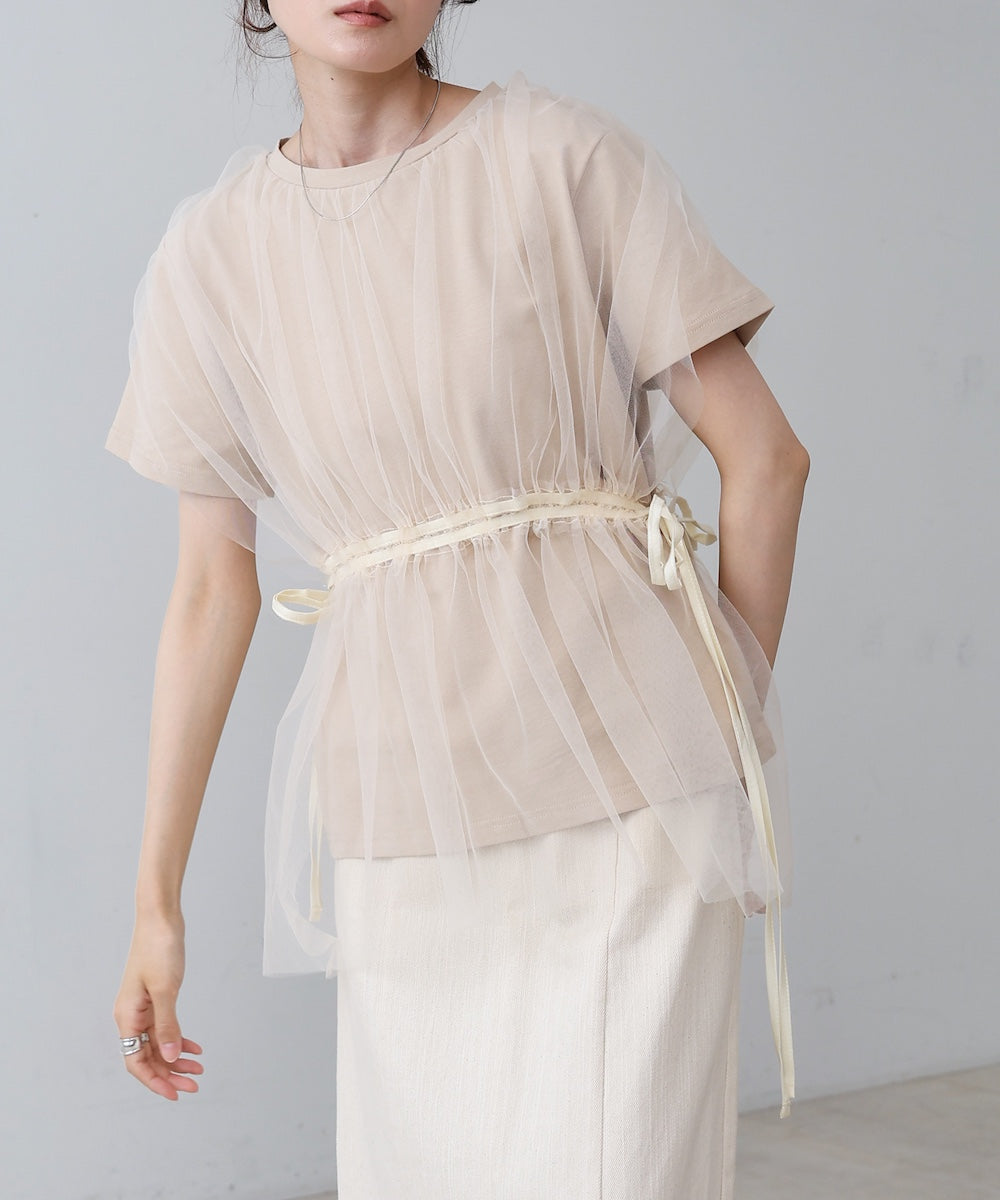 チュールドッキングギャザーカットソー