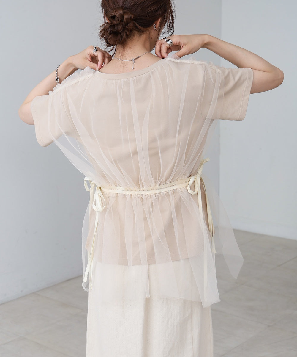 チュールドッキングギャザーカットソー
