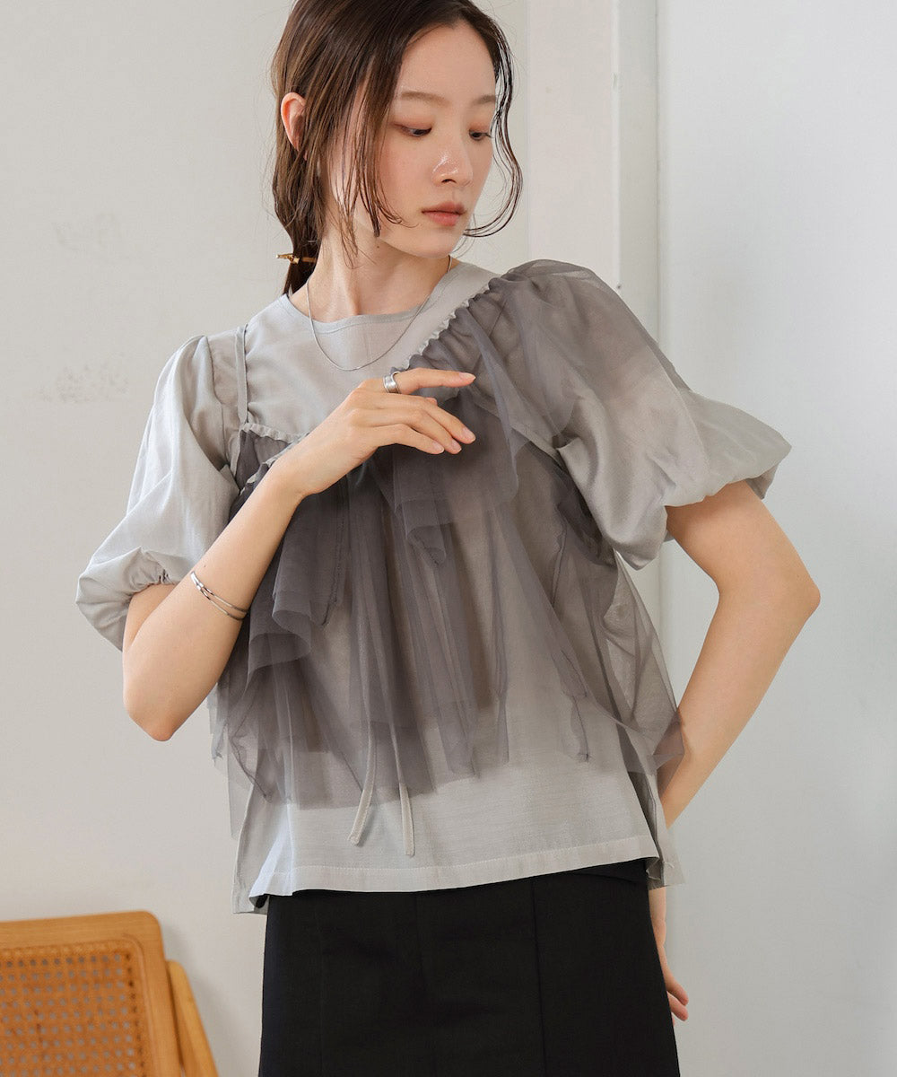 【2点セット】チュールビスチェ+ボリュームスリーブブラウスセット