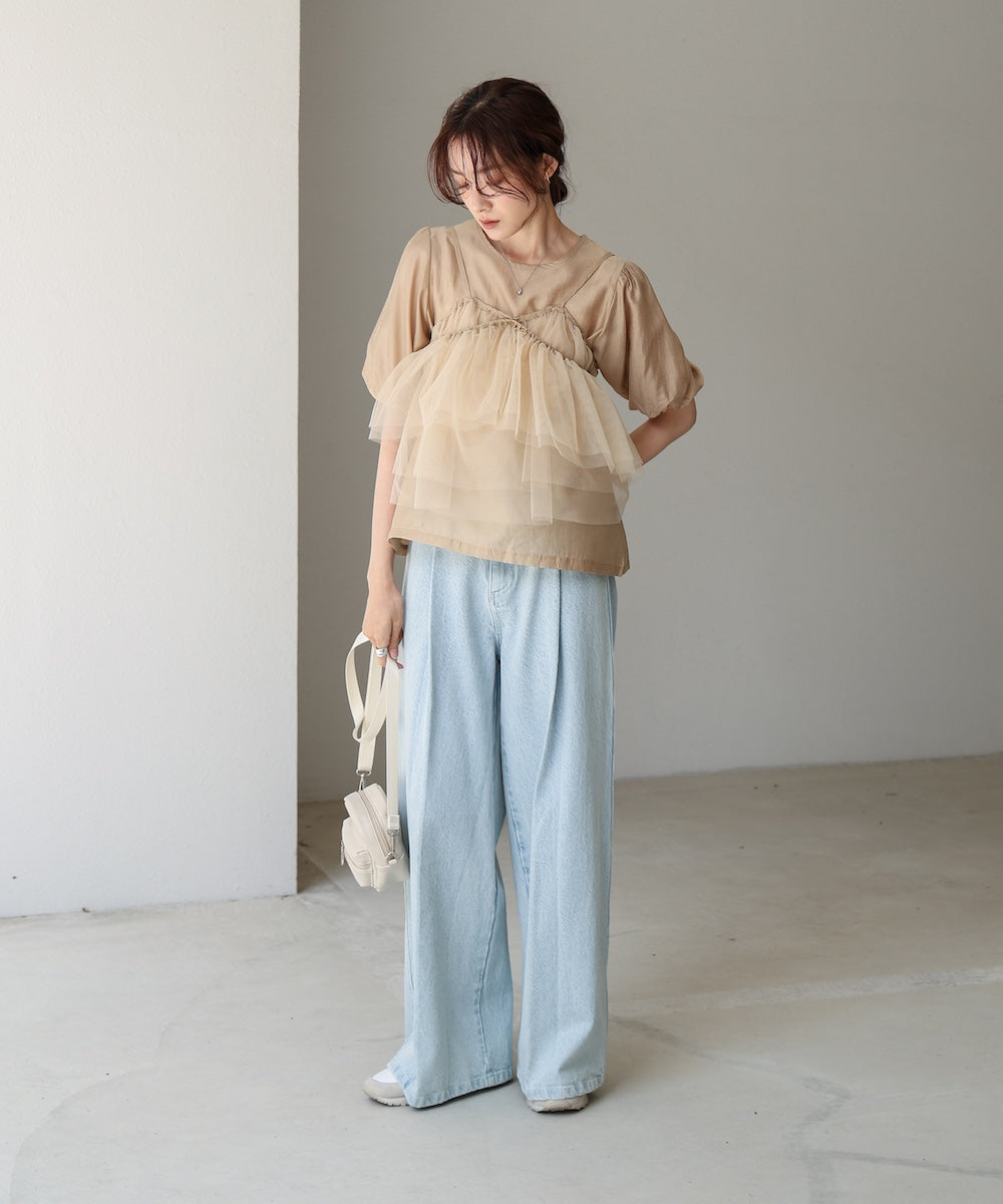 【2点セット】チュールビスチェ+ボリュームスリーブブラウスセット