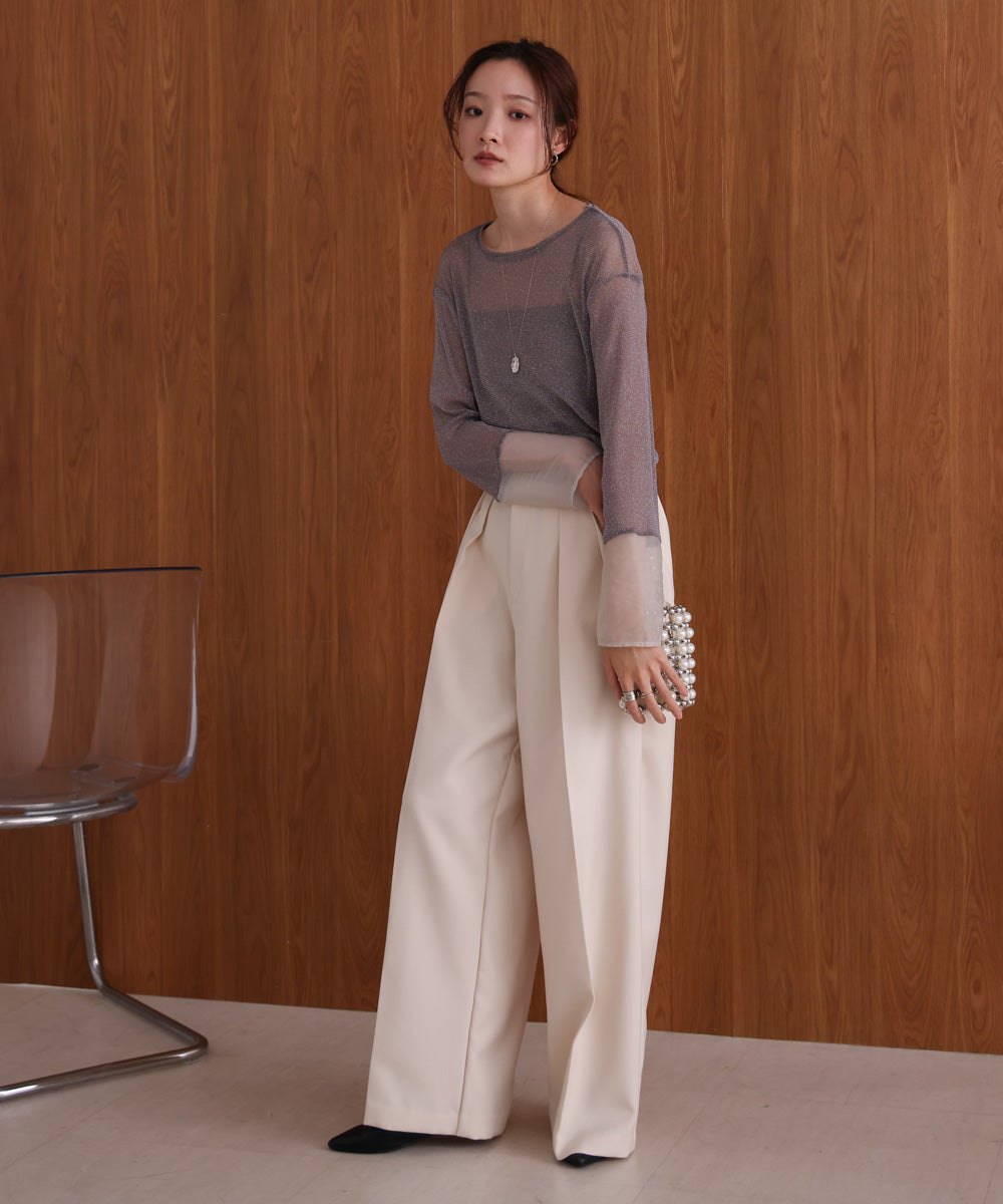 袖シアーラメベーシックカットソートップス