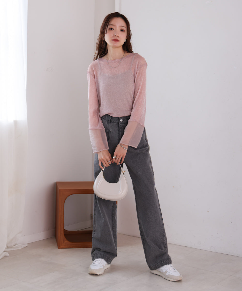 袖シアーラメベーシックカットソートップス