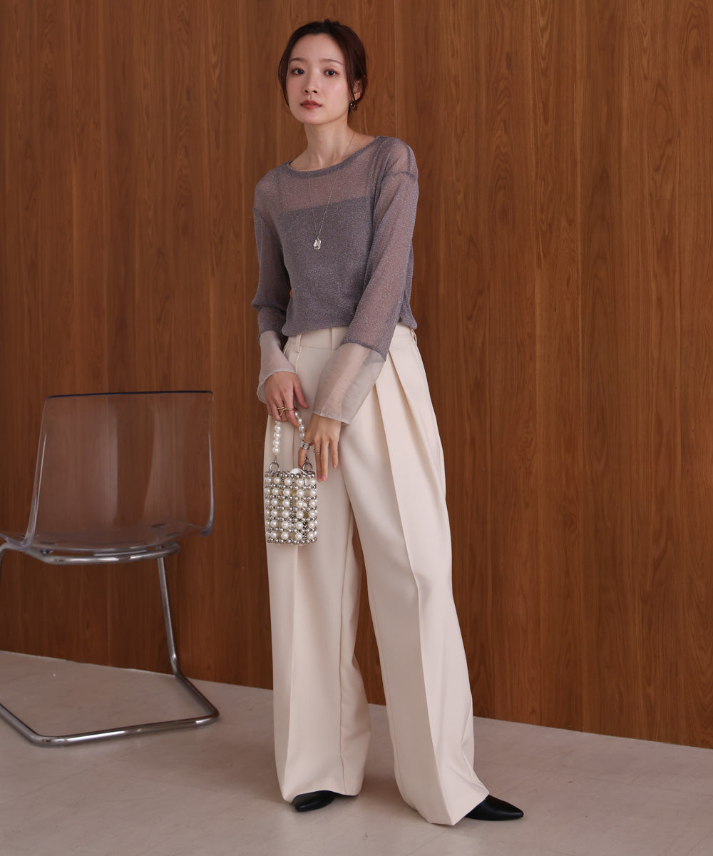 袖シアーラメベーシックカットソートップス