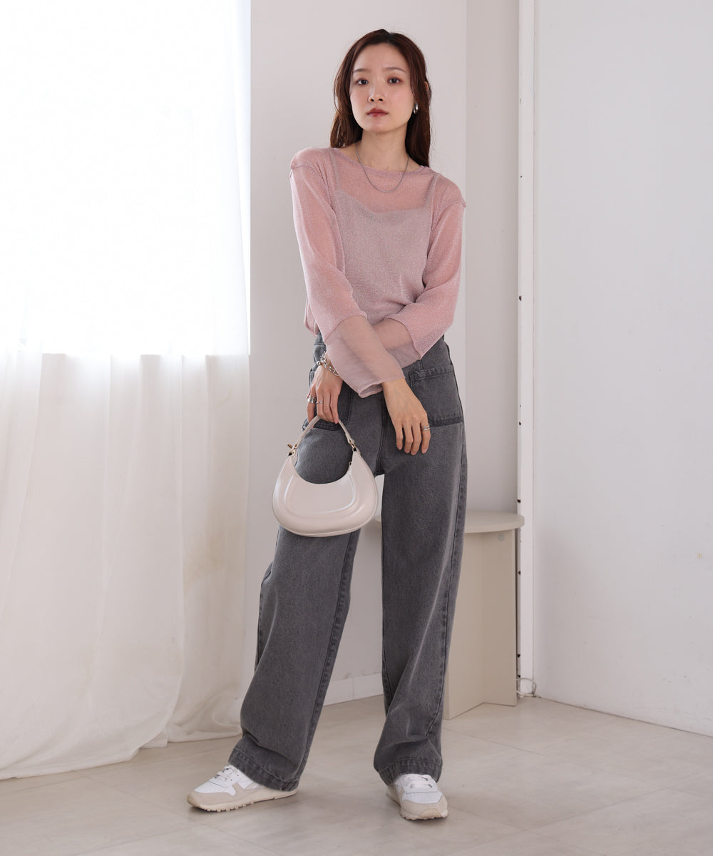 袖シアーラメベーシックカットソートップス