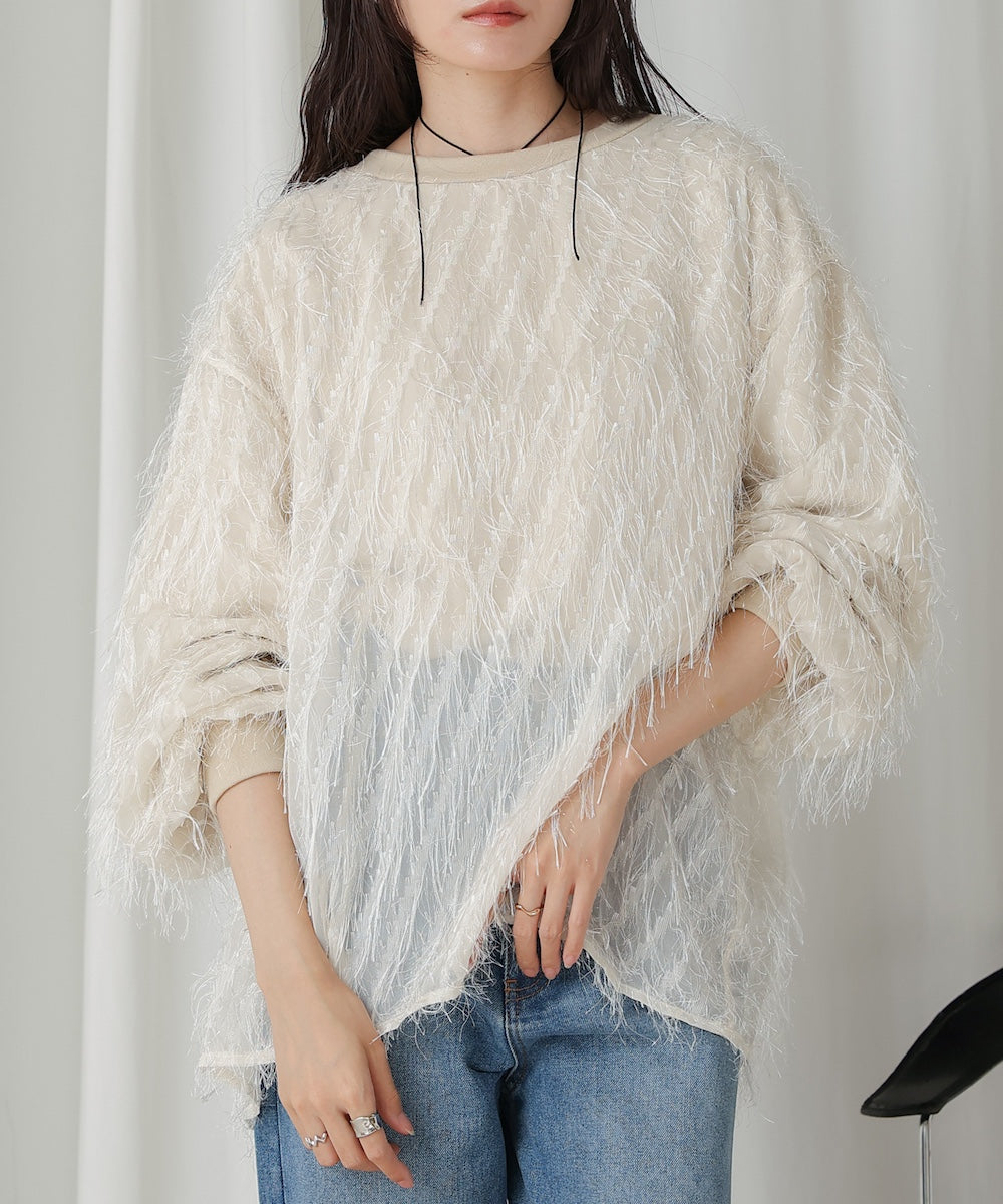 sheer shaggy layered sweat top