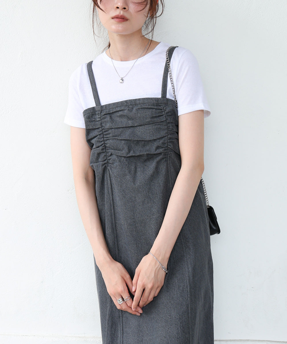 【S・Mサイズ展開】デニムギャザーキャミワンピース