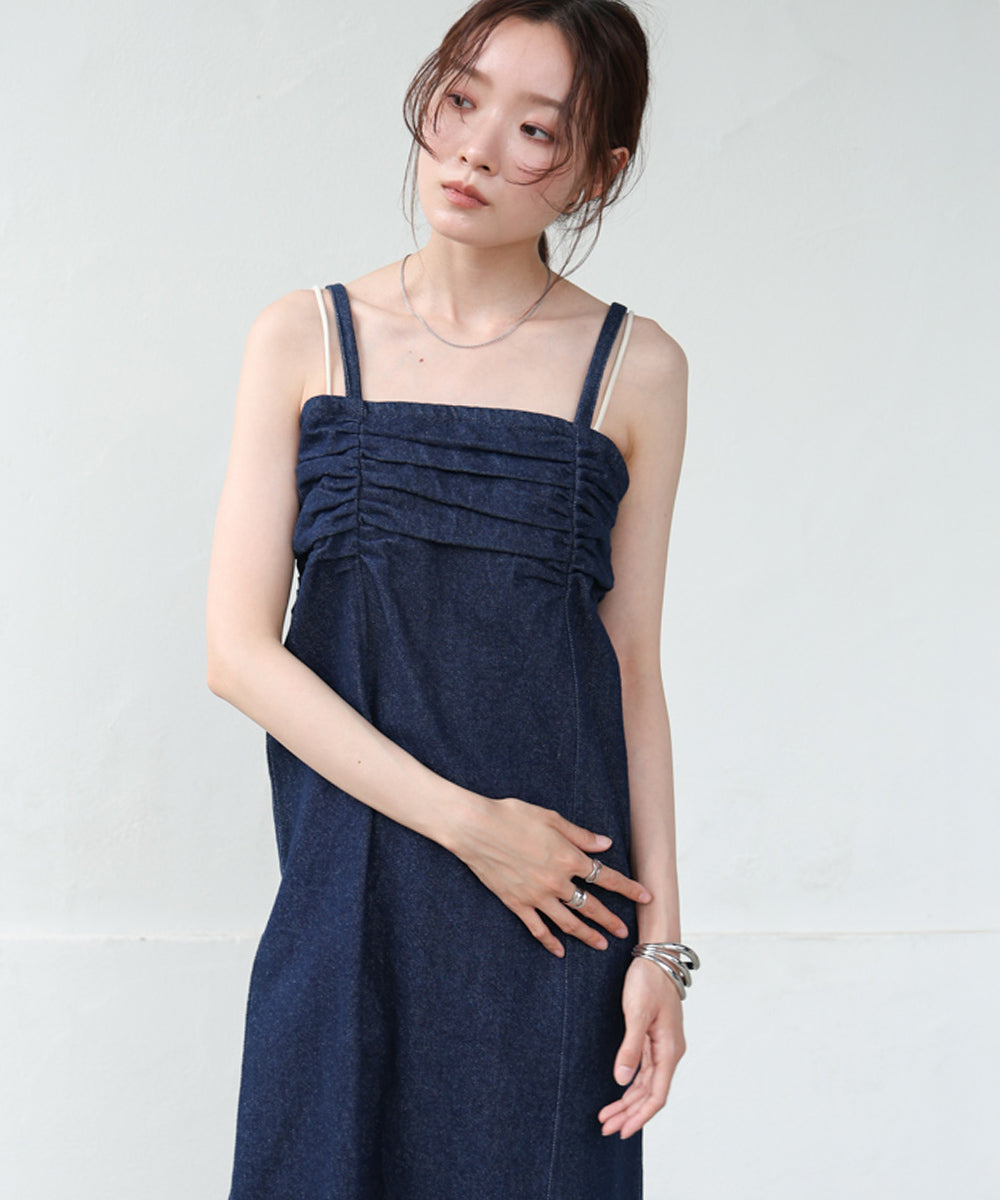 【S・Mサイズ展開】デニムギャザーキャミワンピース