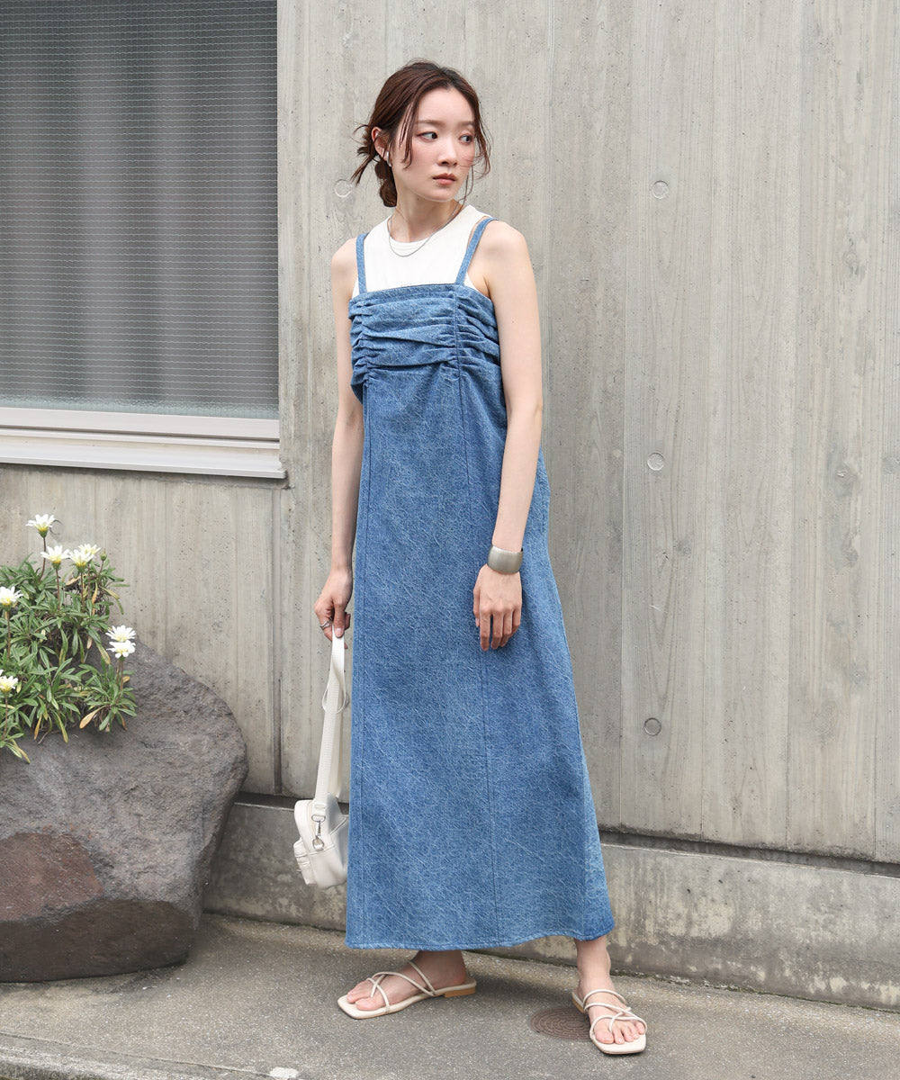 【S・Mサイズ展開】デニムギャザーキャミワンピース
