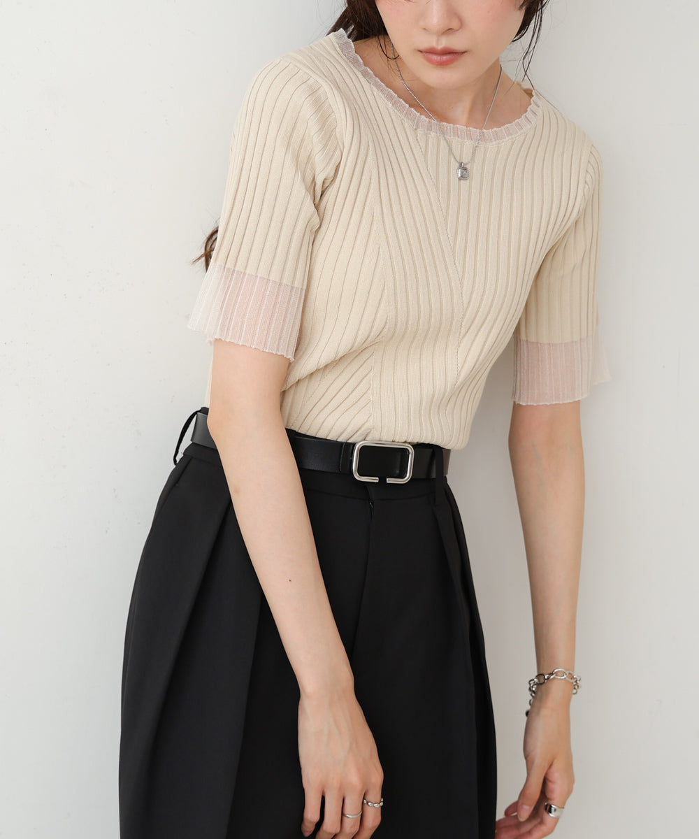 シアー使い5分袖リブニットトップス