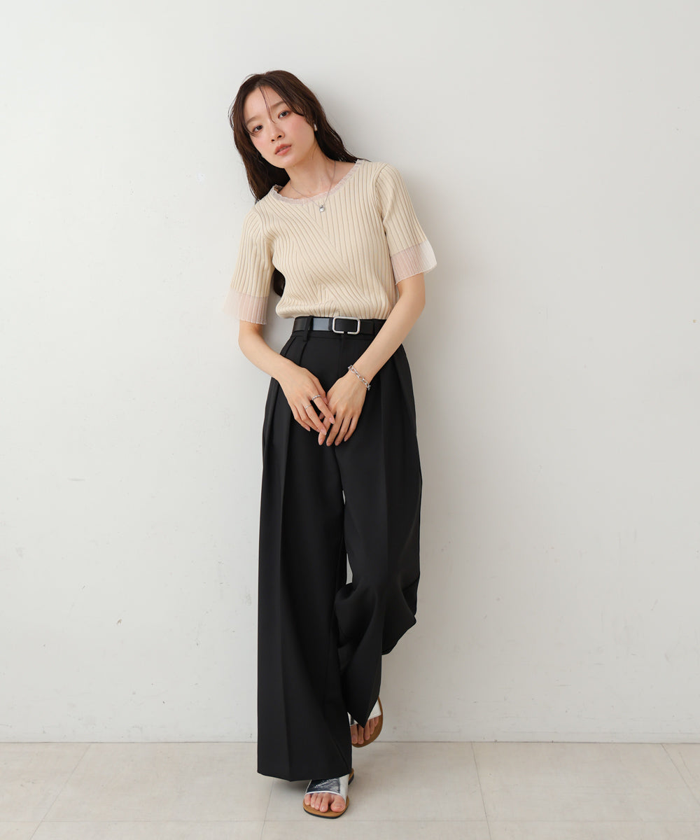 シアー使い5分袖リブニットトップス