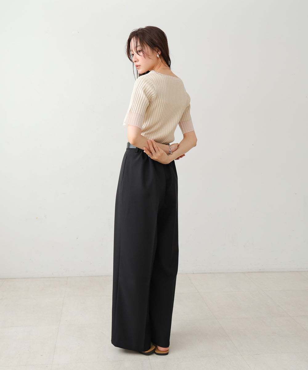 シアー使い5分袖リブニットトップス