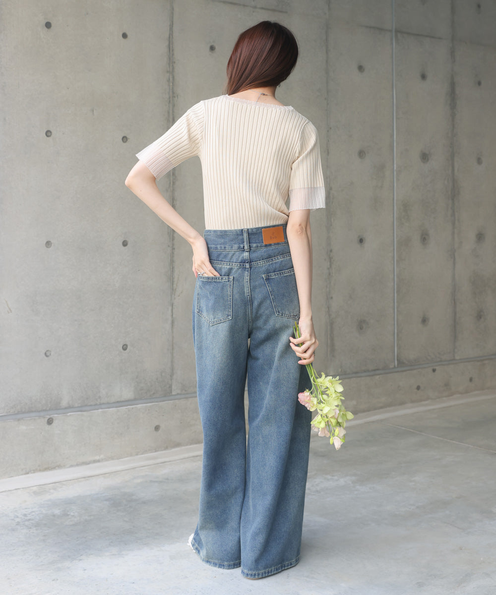 シアー使い5分袖リブニットトップス