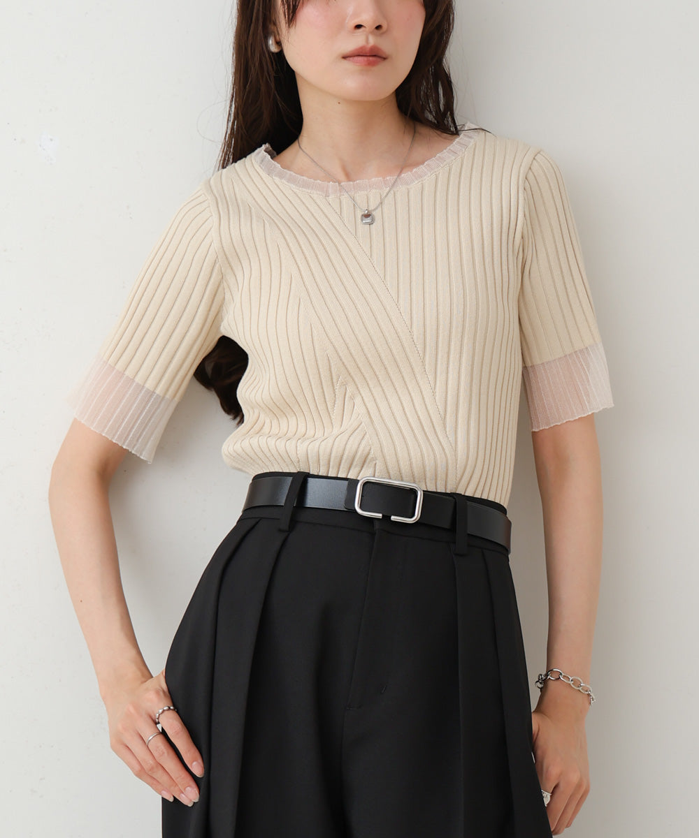 シアー使い5分袖リブニットトップス