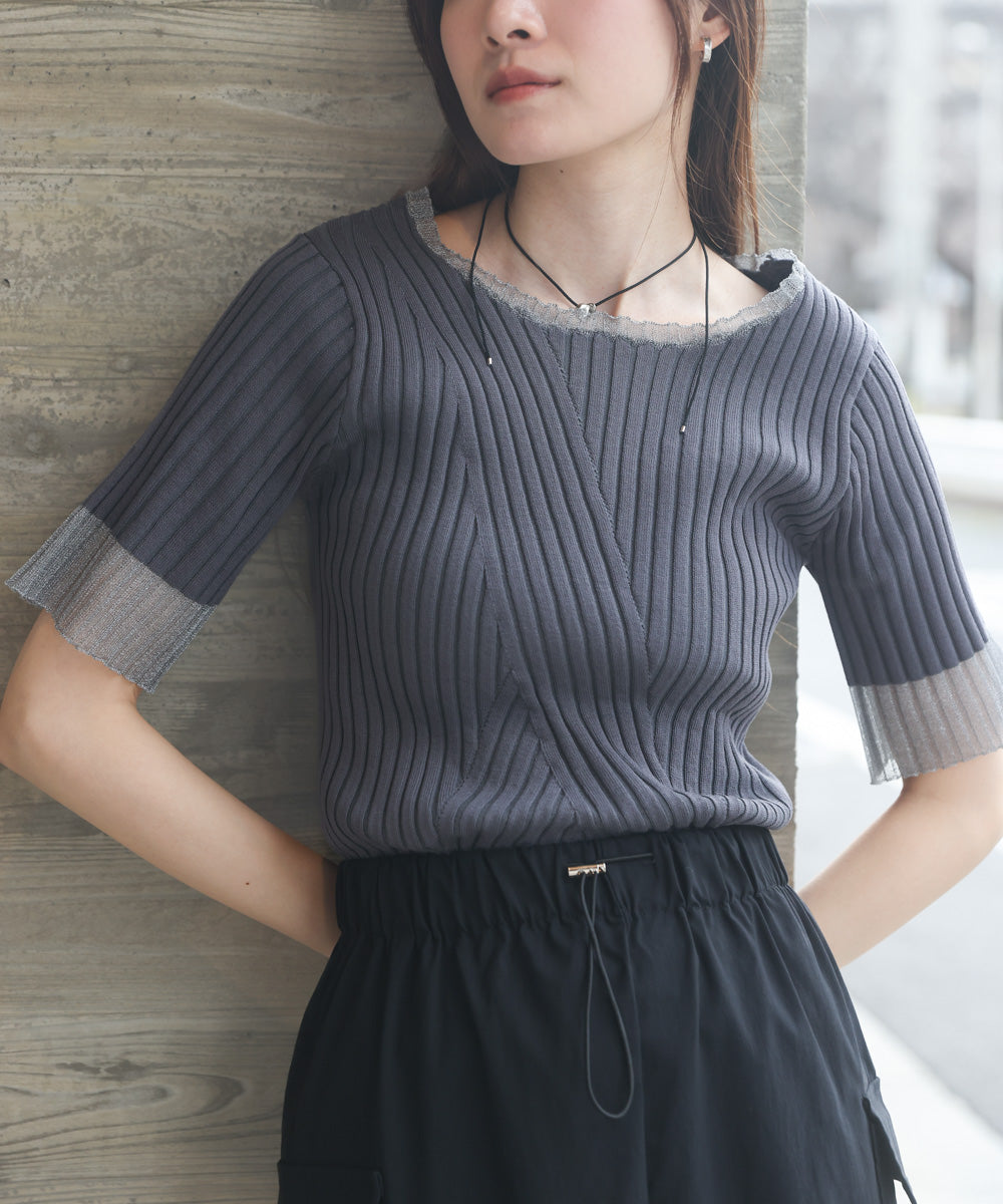 シアー使い5分袖リブニットトップス