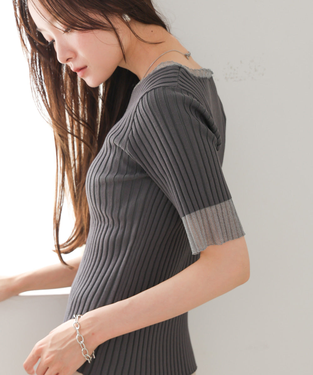 シアー使い5分袖リブニットトップス