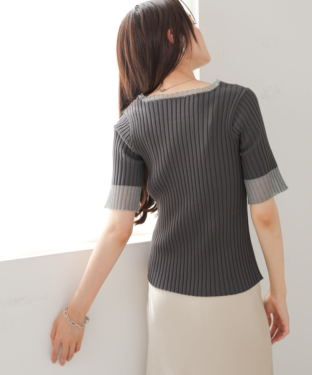 シアー使い5分袖リブニットトップス