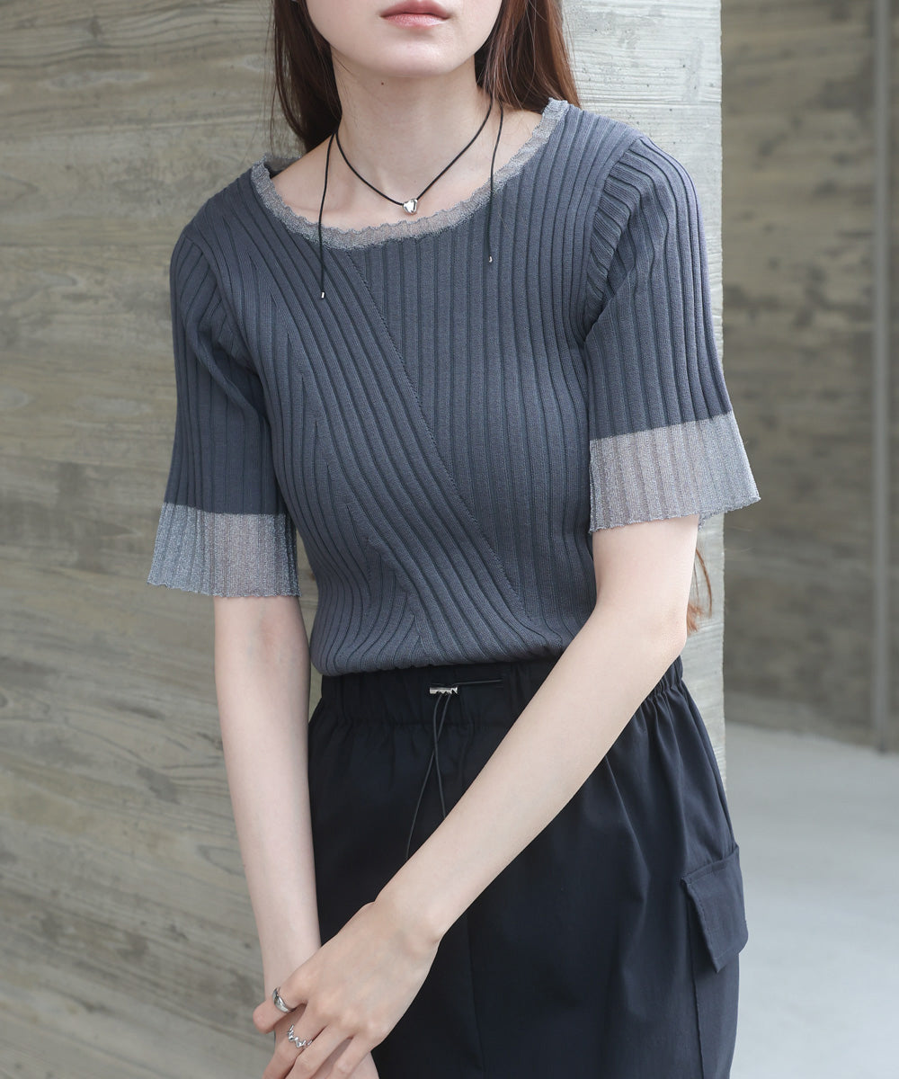 シアー使い5分袖リブニットトップス