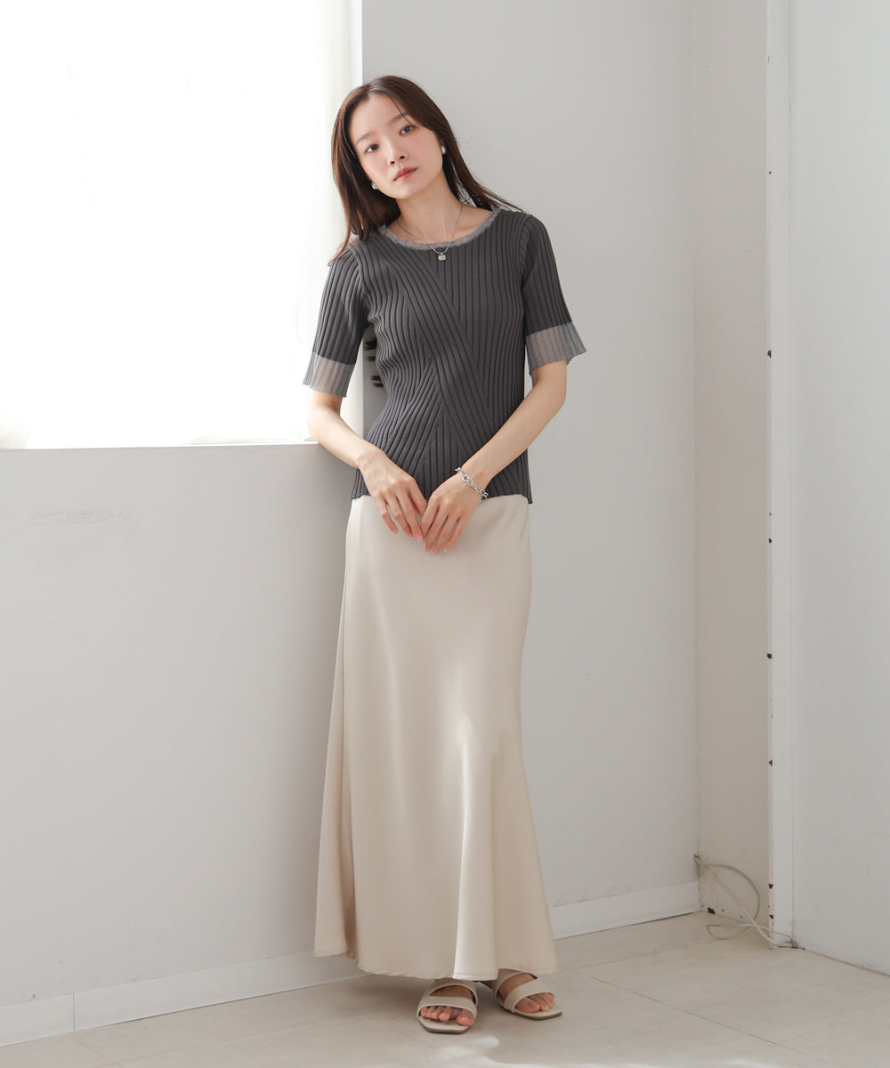 シアー使い5分袖リブニットトップス