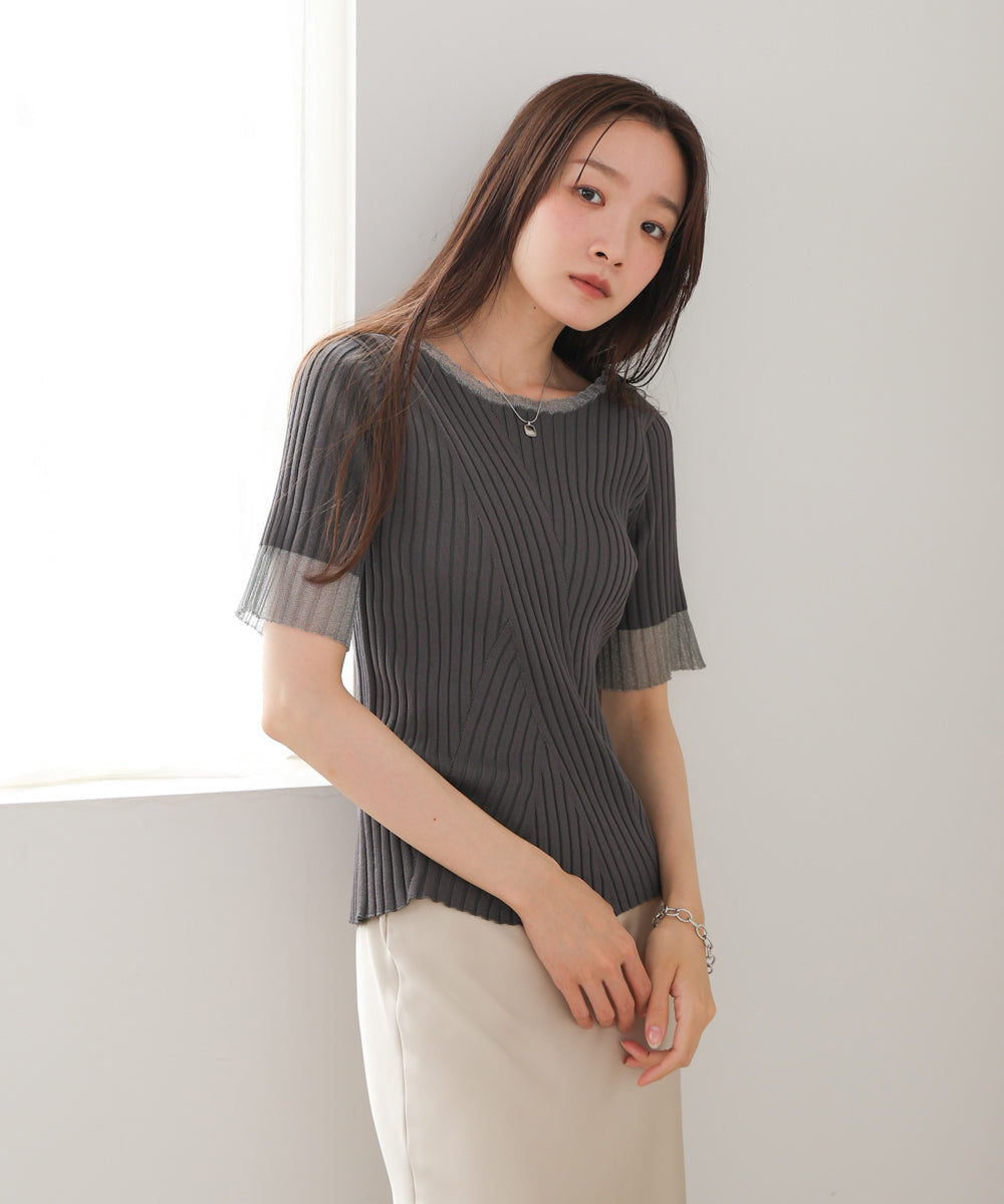 シアー使い5分袖リブニットトップス