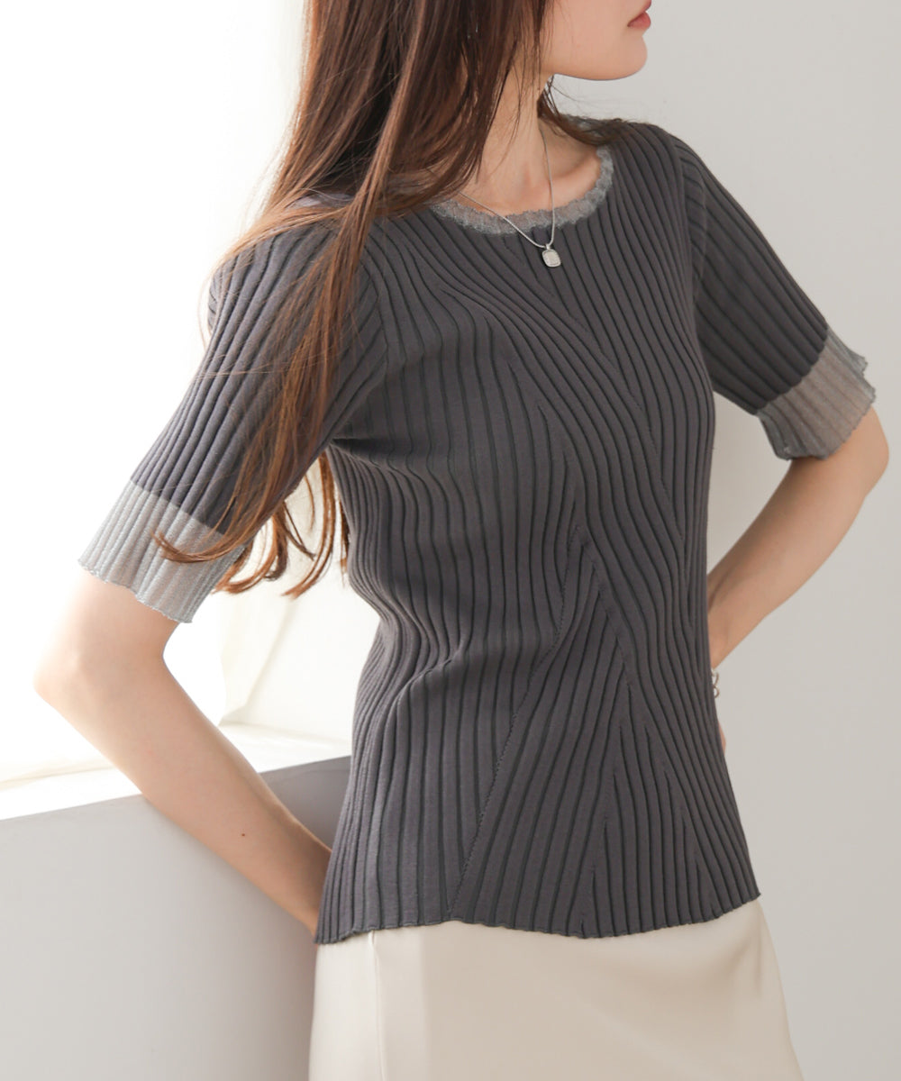 シアー使い5分袖リブニットトップス