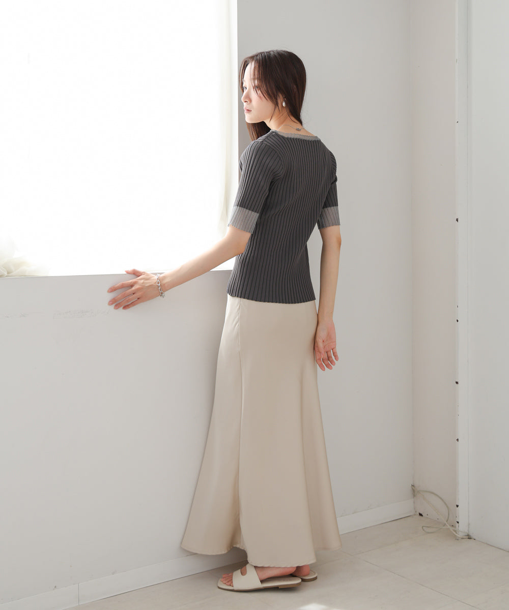 シアー使い5分袖リブニットトップス