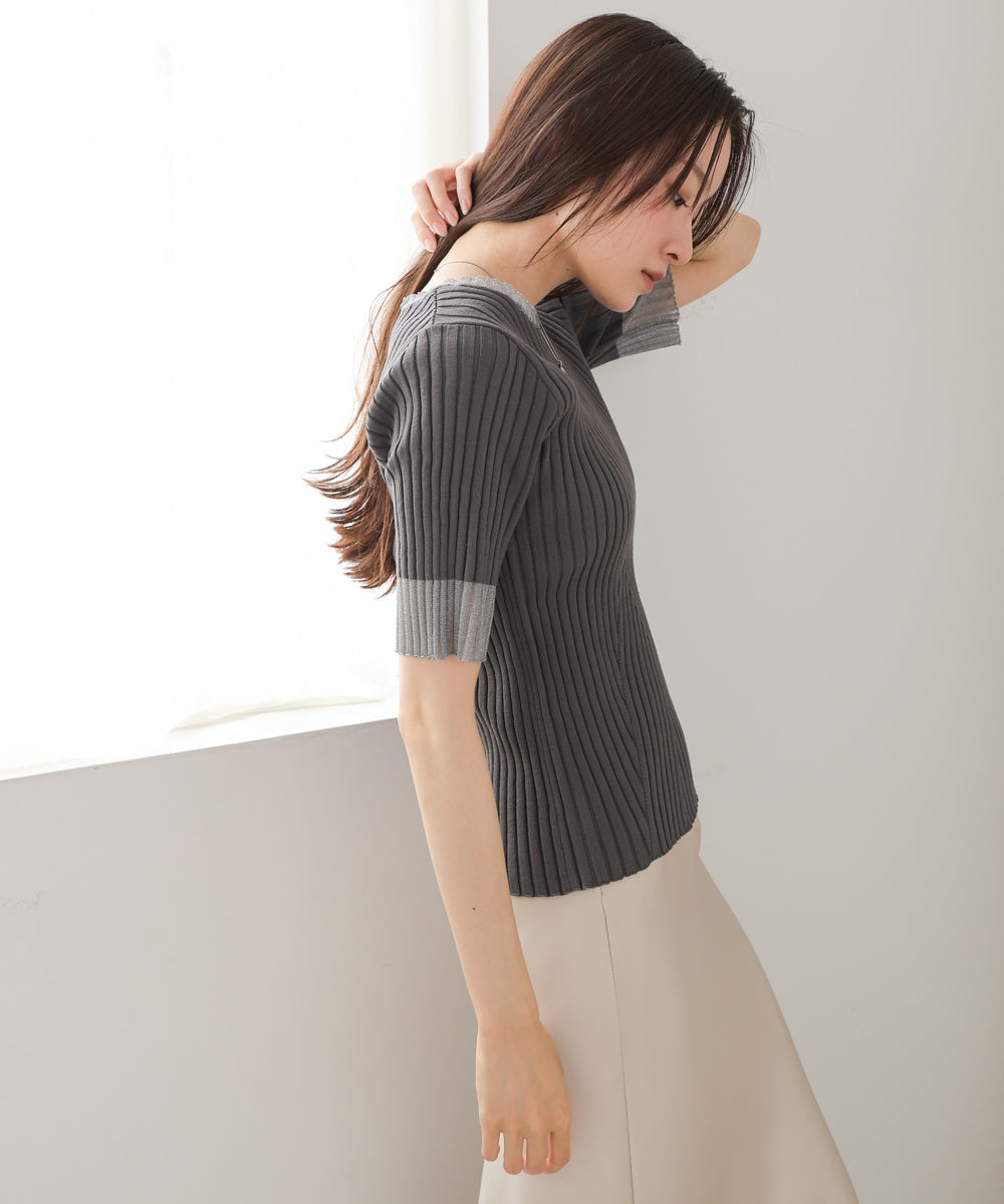 シアー使い5分袖リブニットトップス