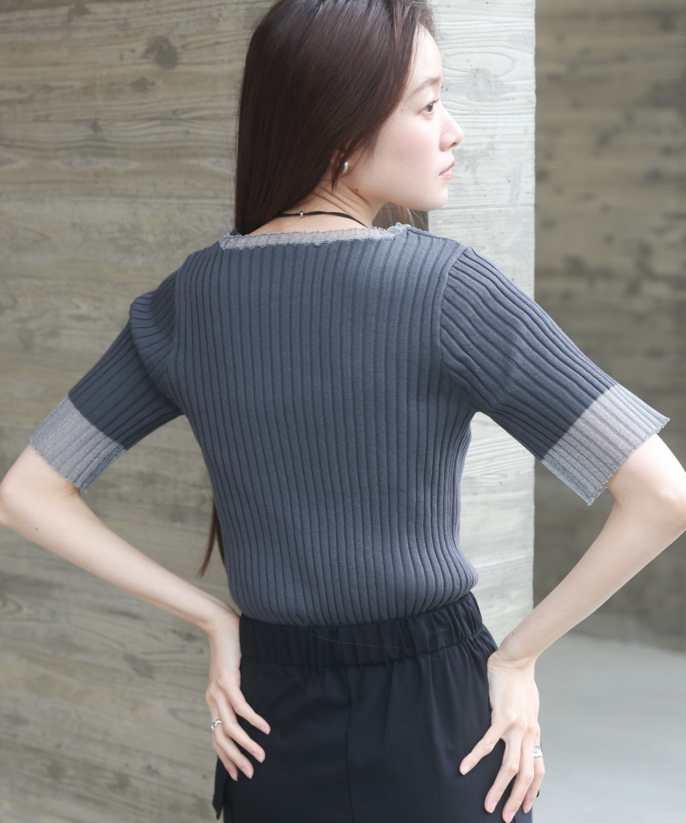 シアー使い5分袖リブニットトップス