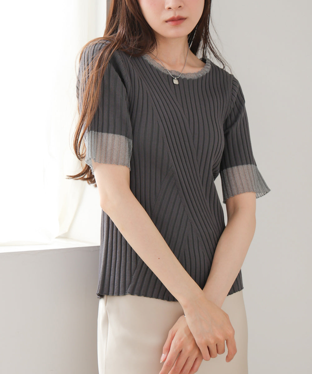 シアー使い5分袖リブニットトップス