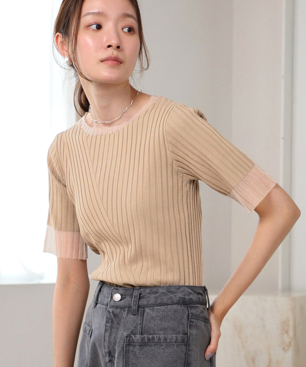 シアー使い5分袖リブニットトップス