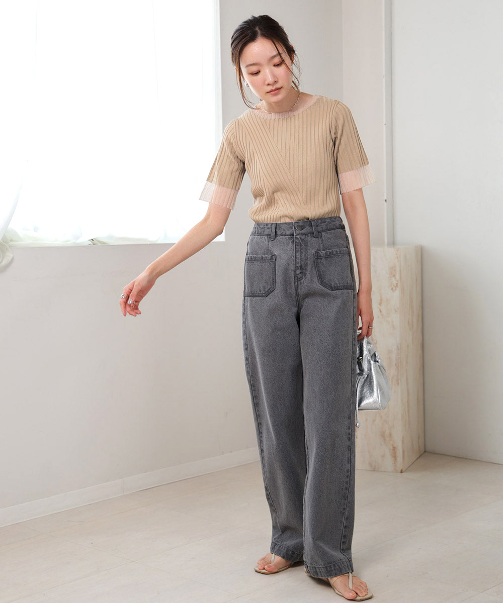 シアー使い5分袖リブニットトップス