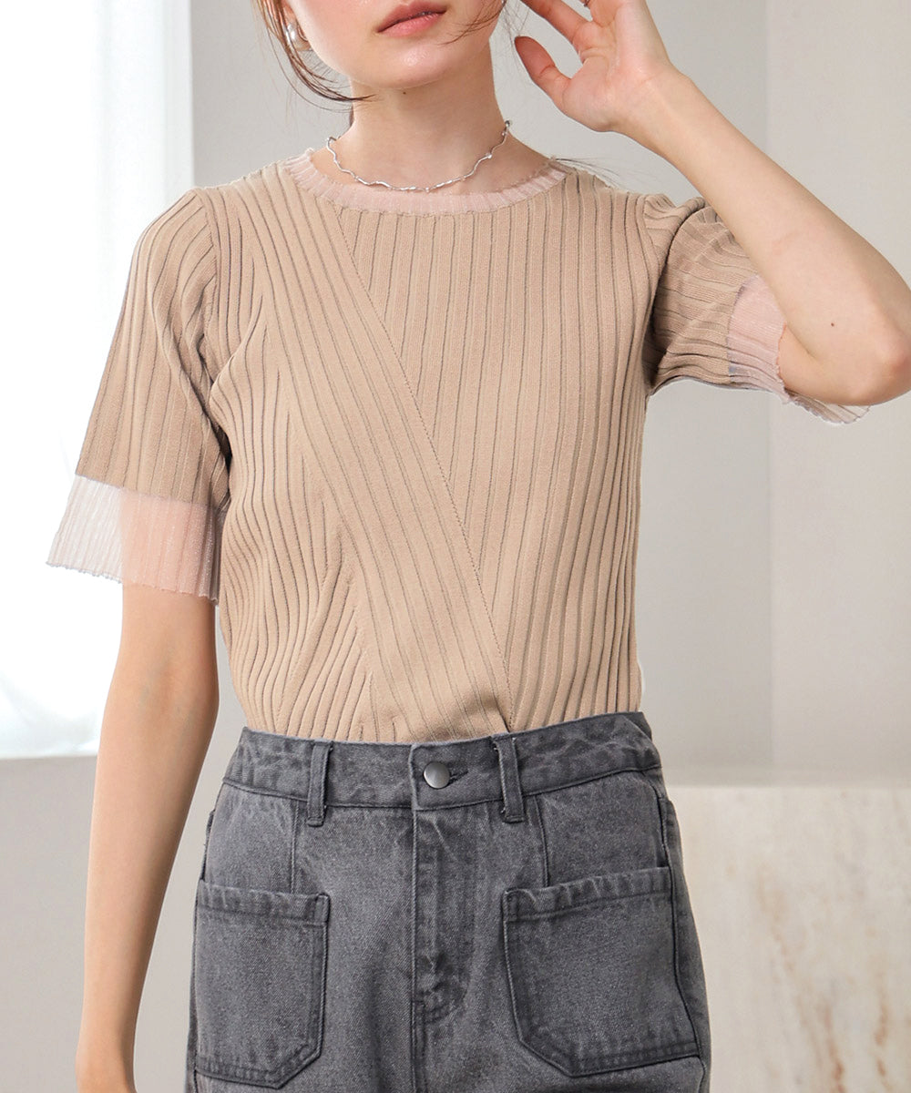 シアー使い5分袖リブニットトップス