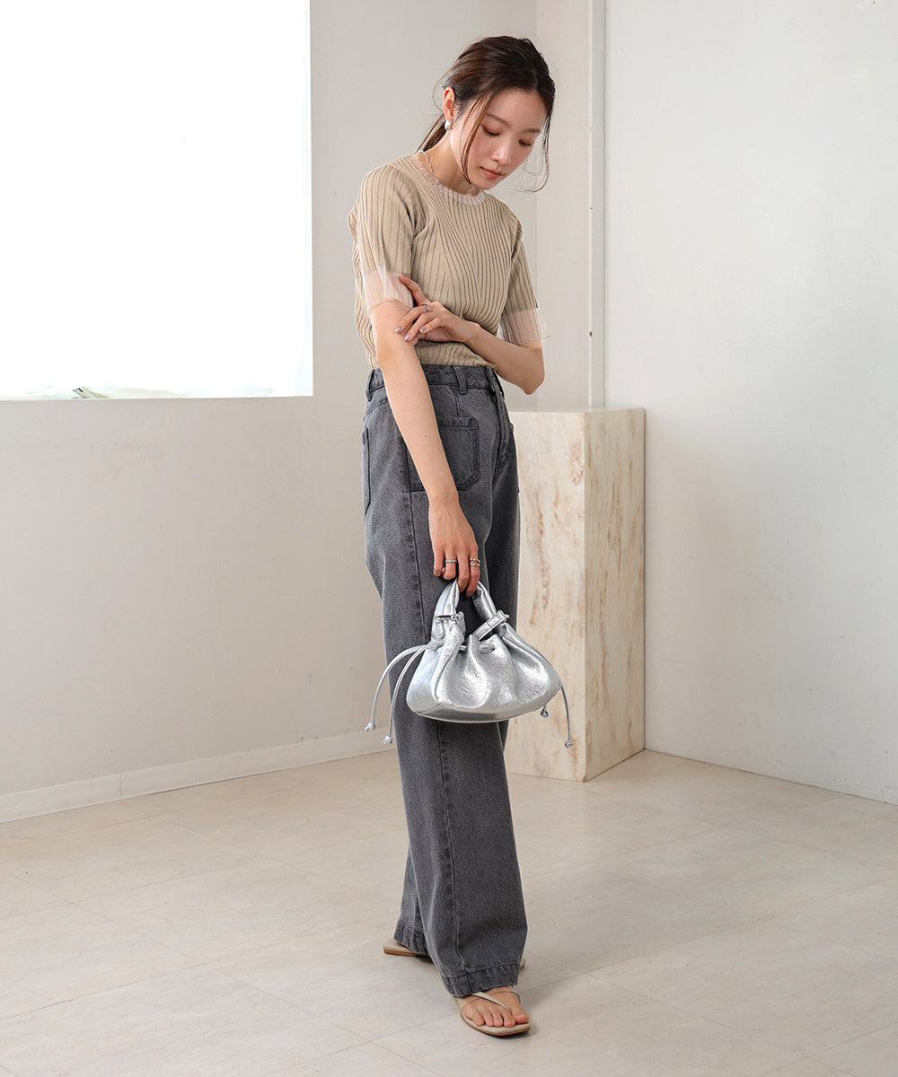 シアー使い5分袖リブニットトップス