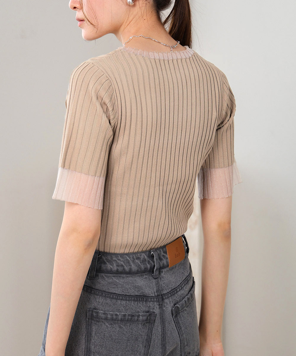 シアー使い5分袖リブニットトップス