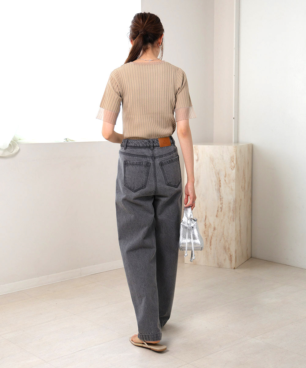 シアー使い5分袖リブニットトップス