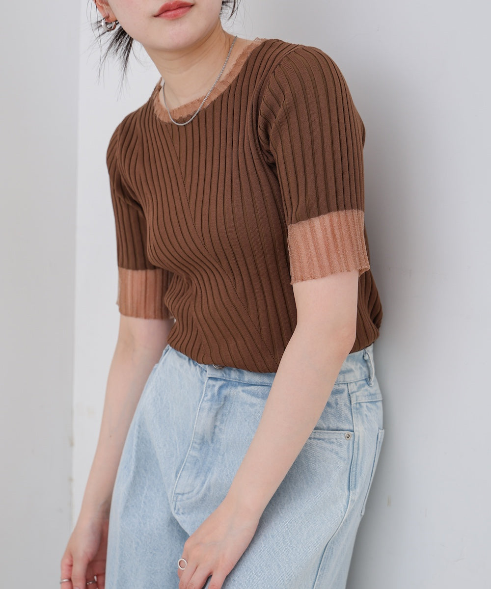 シアー使い5分袖リブニットトップス