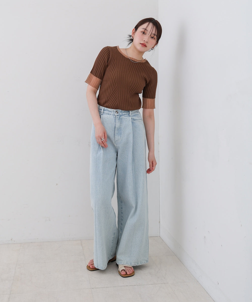 シアー使い5分袖リブニットトップス