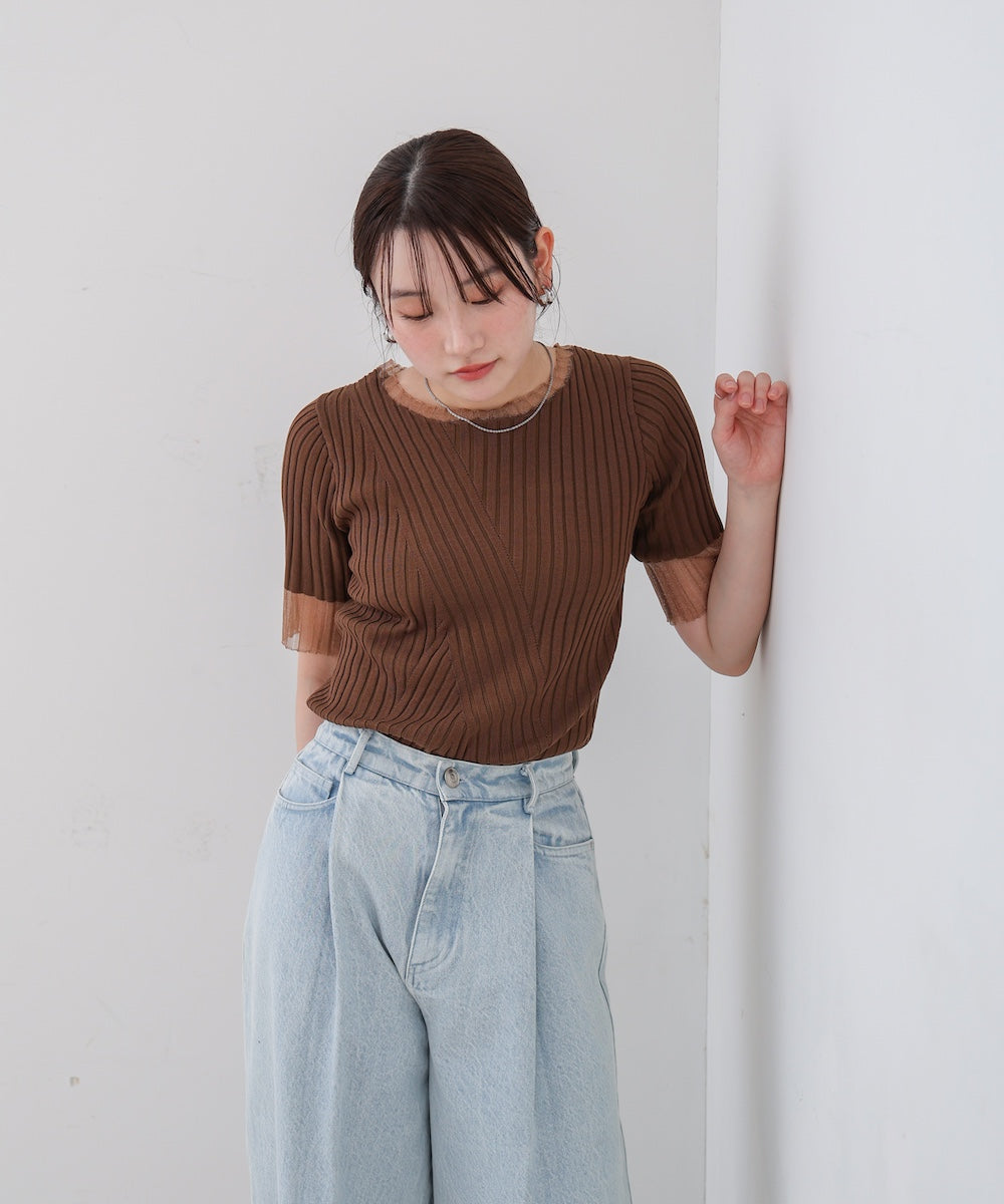 シアー使い5分袖リブニットトップス