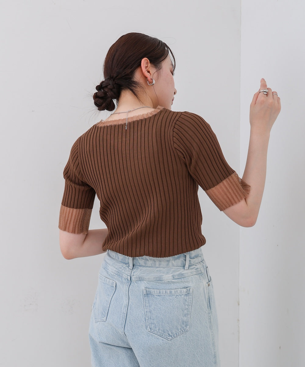 シアー使い5分袖リブニットトップス