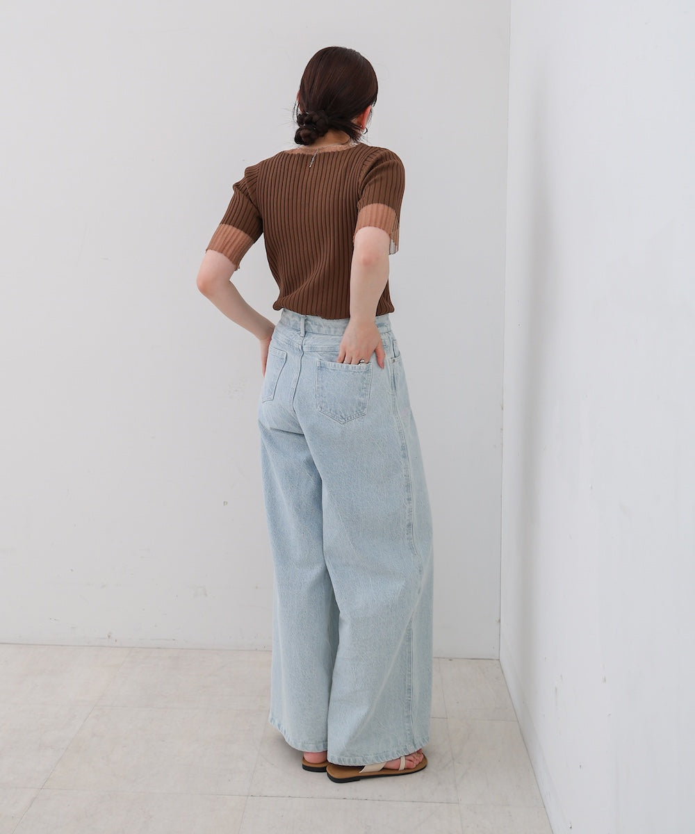 シアー使い5分袖リブニットトップス