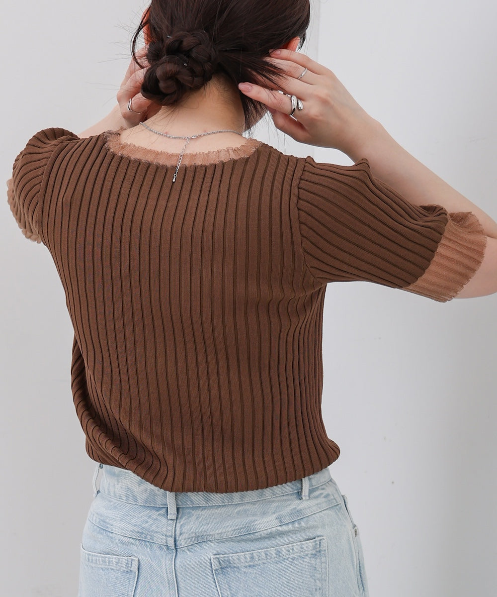 シアー使い5分袖リブニットトップス