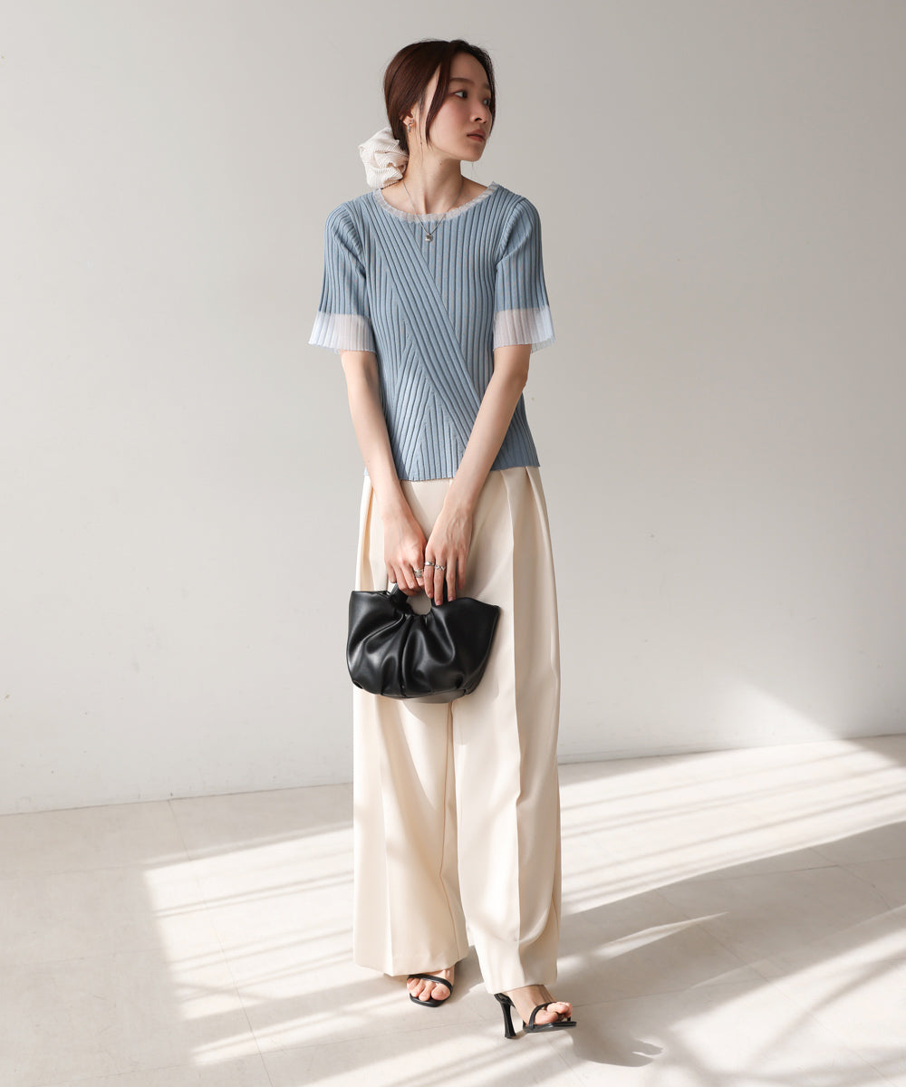 シアー使い5分袖リブニットトップス