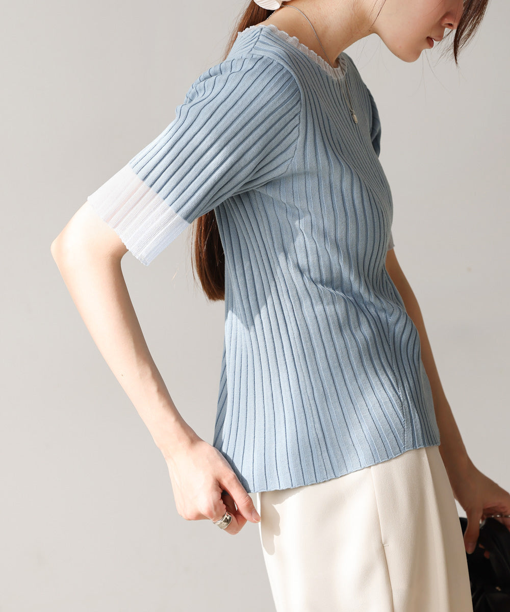 シアー使い5分袖リブニットトップス
